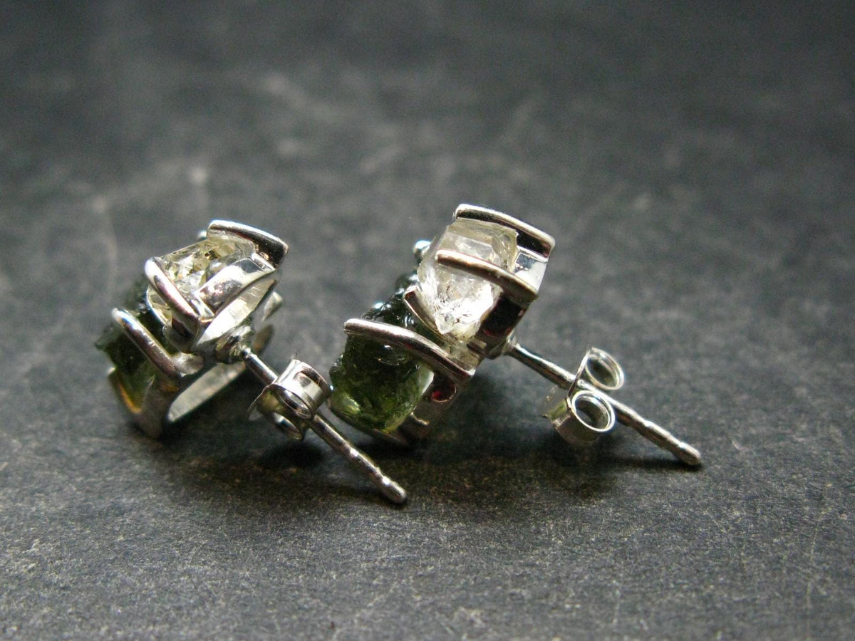 Moldavite & Herkimer Diamond Silver Stud Earrings - 0.7" - 2.64 Grams