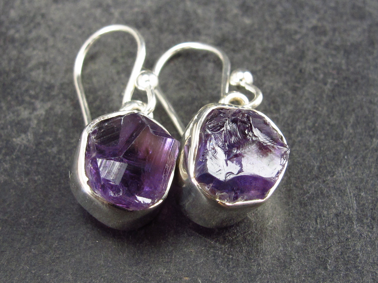 Natural Raw Gemmy Amethyst Crystal Sterling Silver Dangle Shepherd Hook Earrings From Mozambique - 1.0" - 3.2 Grams