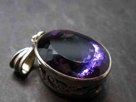 Large Genuine Rich Purple Faceted Amethyst Sterling Silver Pendant From Brazil - 1.7" - 11.83 Grams