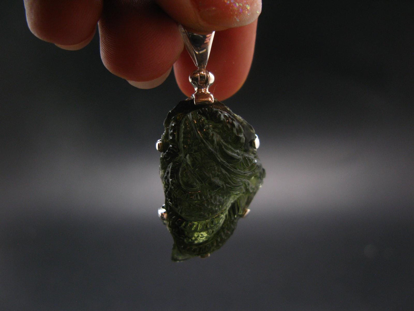 Moldavite Tektite Silver Dragon Pendant from Czech Republic - 1.7" - 6.29 Grams