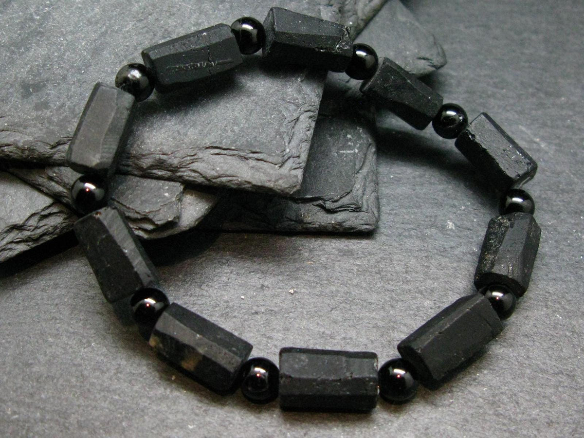 Black Tourmaline Genuine Bracelet ~ 7 Inches ~ 14mm Crystal Beads