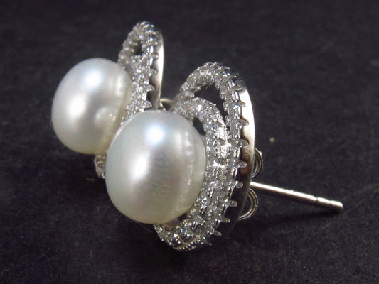 The Most Classic Earring Styles!! Natural 8mm Round Freshwater Cultured Pearls 925 Silver Stud Earrings with CZ - 0.8"