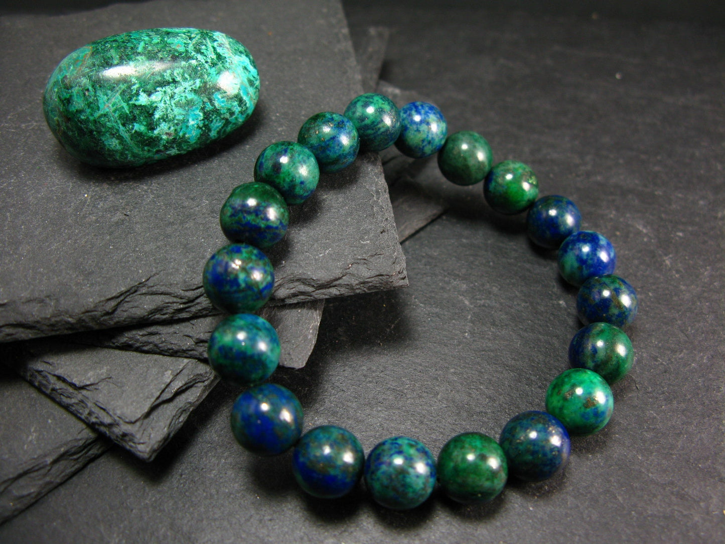 Quantum Quattro (Dioptase Chrysocola Malachite Shattuckite) Genuine Bracelet ~ 7 Inches ~ 10mm Round Beads