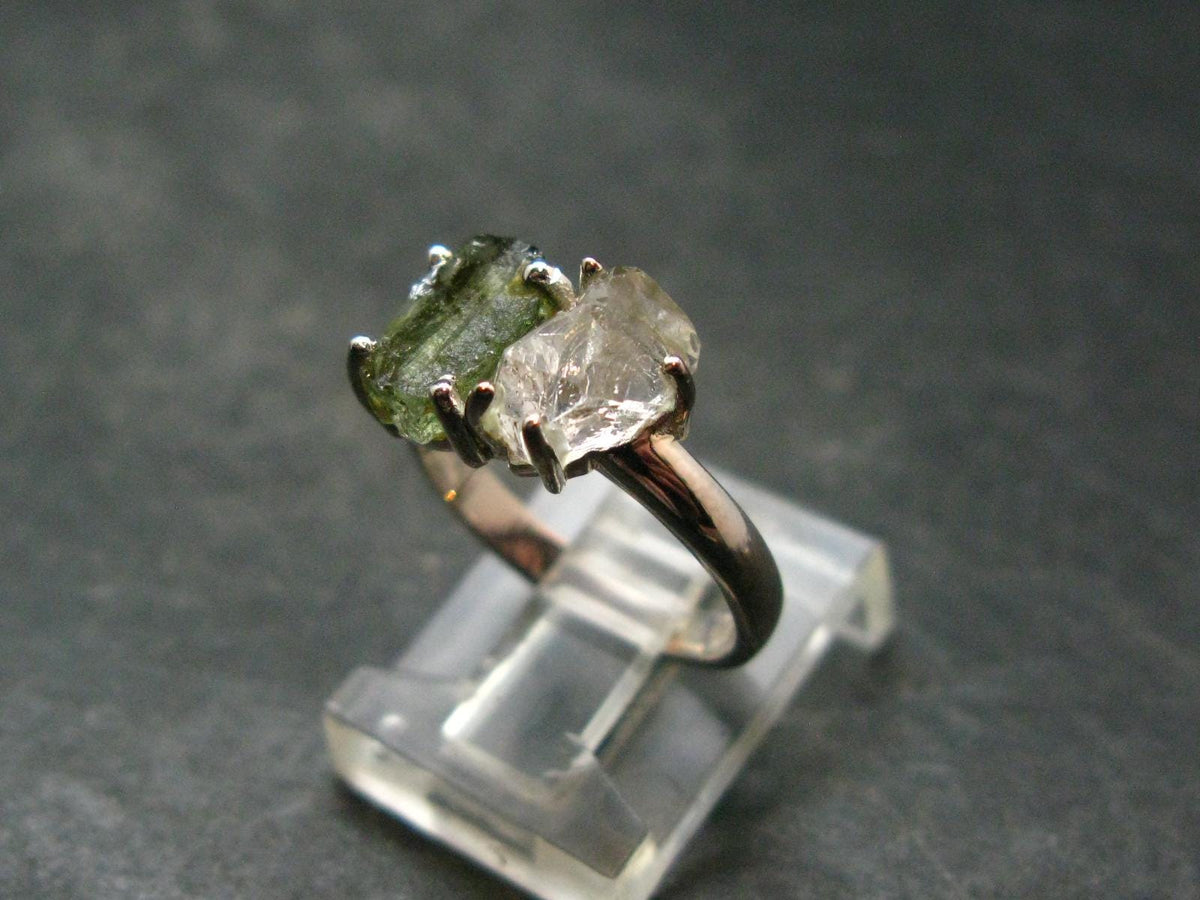 Moldavite Tektite and Herkimer Diamond Silver Ring - Size 8 - 2.34 Grams