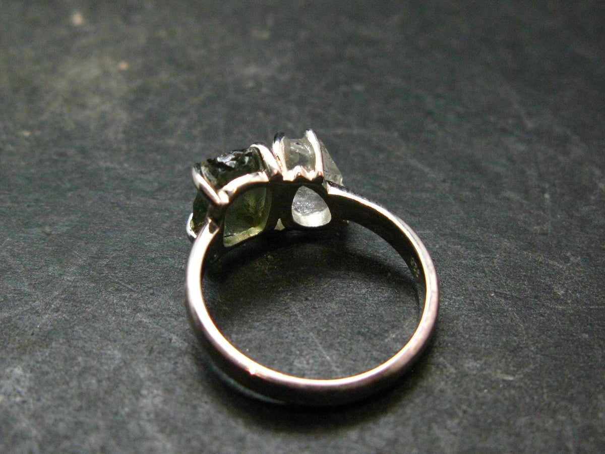 Moldavite Tektite and Herkimer Diamond Silver Ring - Size 8 - 2.34 Grams