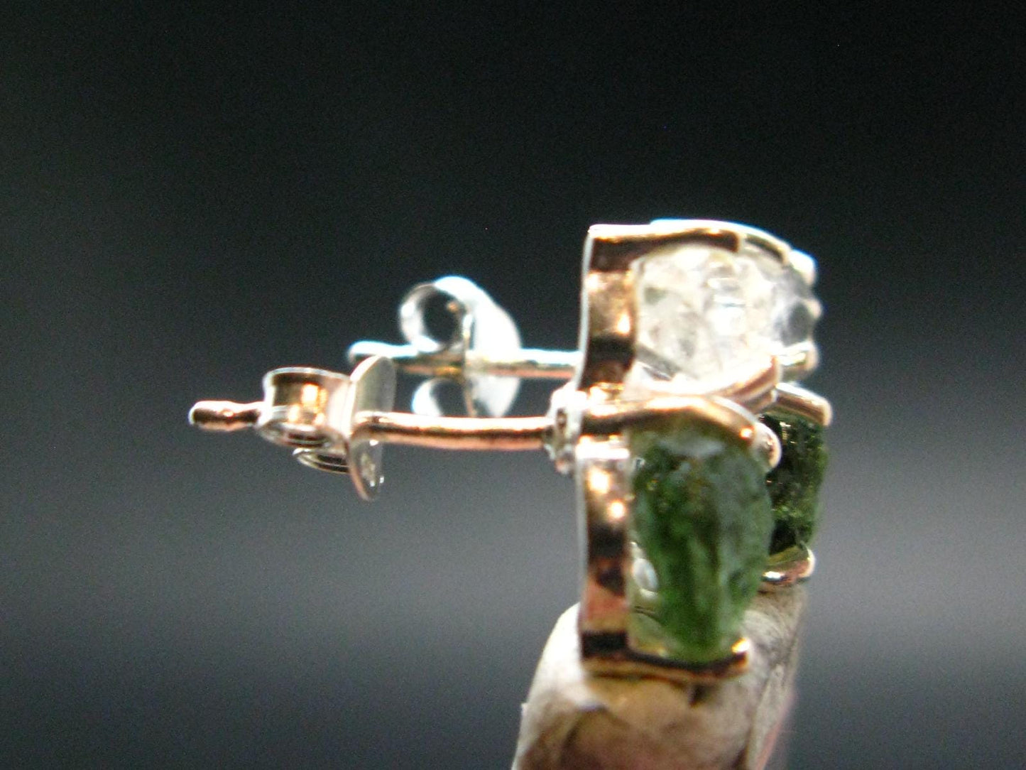 Moldavite & Herkimer Diamond Silver Stud Earrings - 0.7" - 2.55 Grams