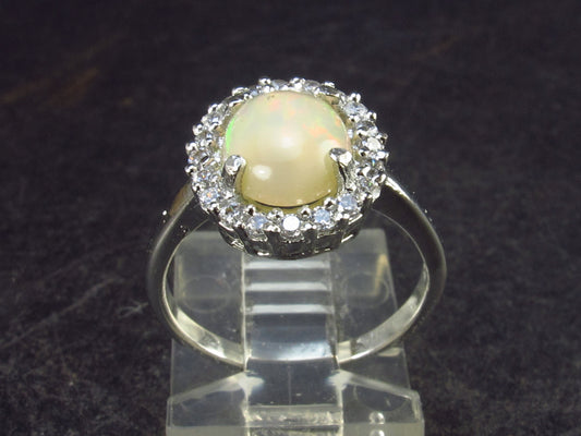 Flashes of Lightning!! Natural Cabochon Opal 925 Sterling Silver Ring with CZ from Ethiopia - Size 5.5 - 2.42 Grams