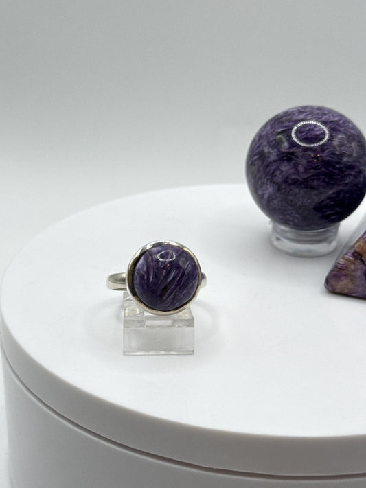 Beautifully Round Charoite Sterling Silver Ring - Size 8