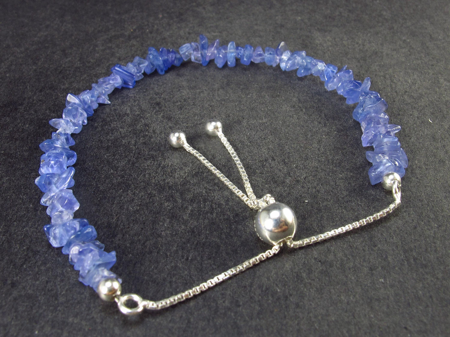 Natural Tumbled Tanzanite Zoisite Bead Silver Bracelet from Tanzania - Size Adjustable - 5.25 Grams