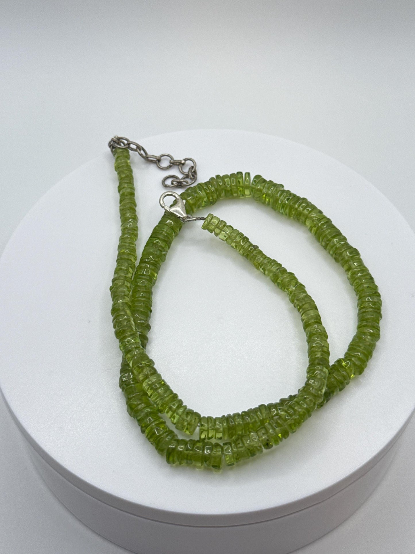 Peridot Beaded Necklace | Natural Green Peridot Rondelle Strand | Sterling Silver Clasp | August Birthstone Jewelry