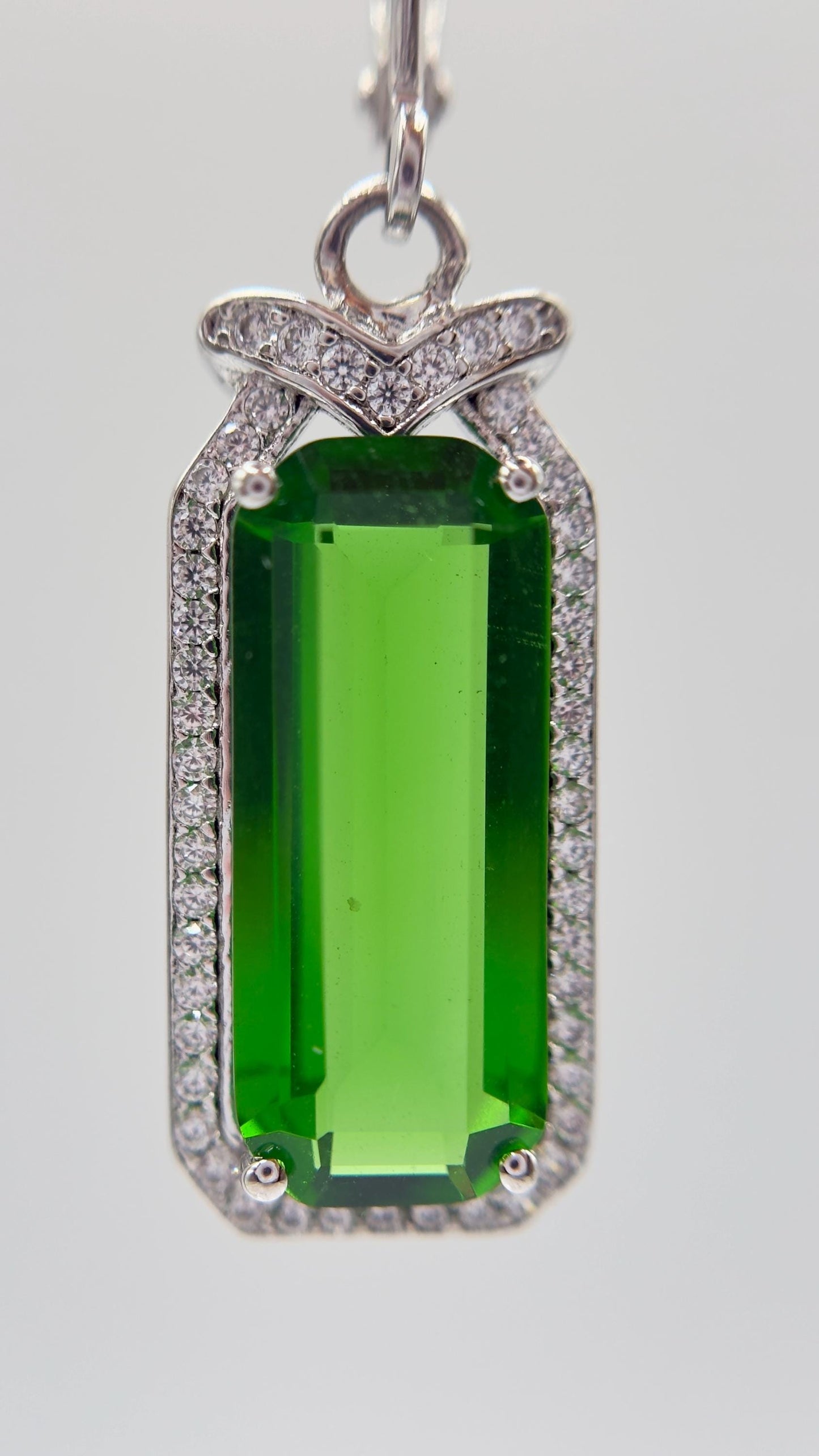 Green Helenite Emerald Cut Earrings – Halo Sterling Silver Dangle Earrings