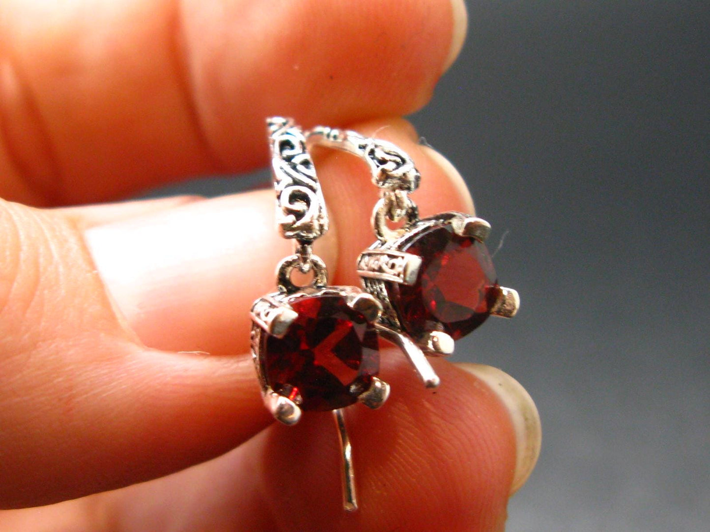 Natural Faceted Red Garnet Almandine Sterling Silver Earrings from India - 2.34 Grams