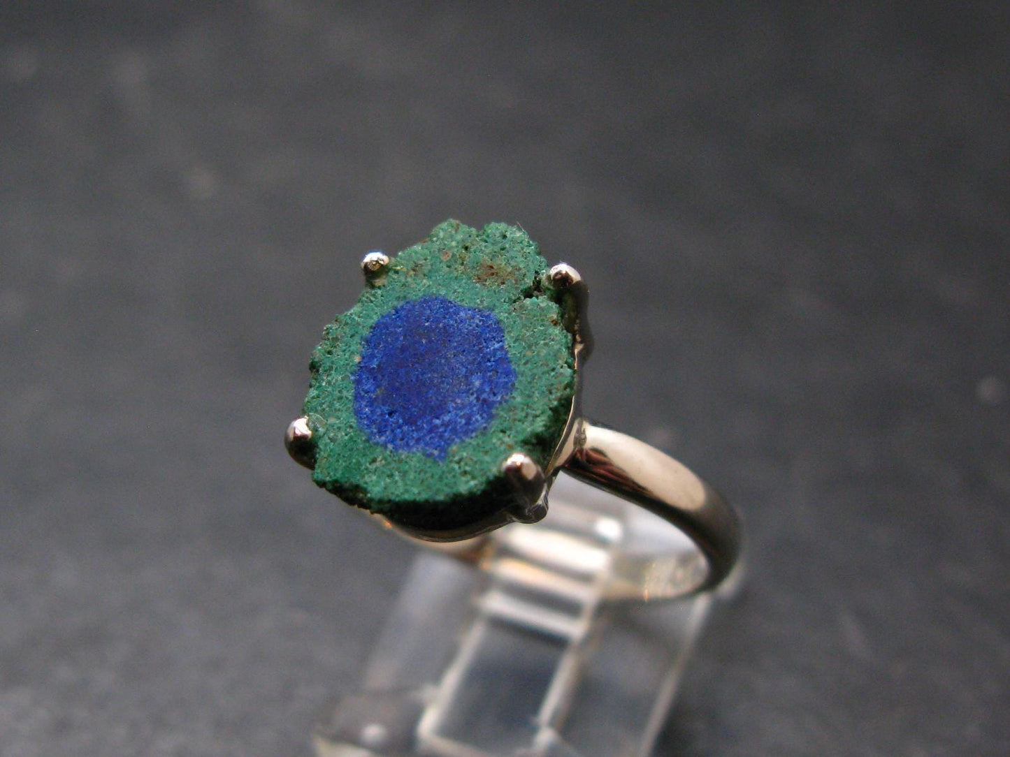 Natural Raw Deep Blue Azurite with Green Malachite Silver Ring From Mexico - Size 9 - 3.31 Grams