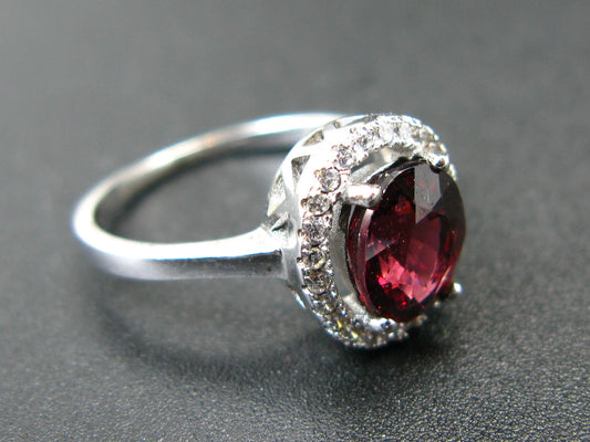 Natural Faceted Red Garnet Rhodium Plated Sterling Silver Ring with CZ - Size 6.5