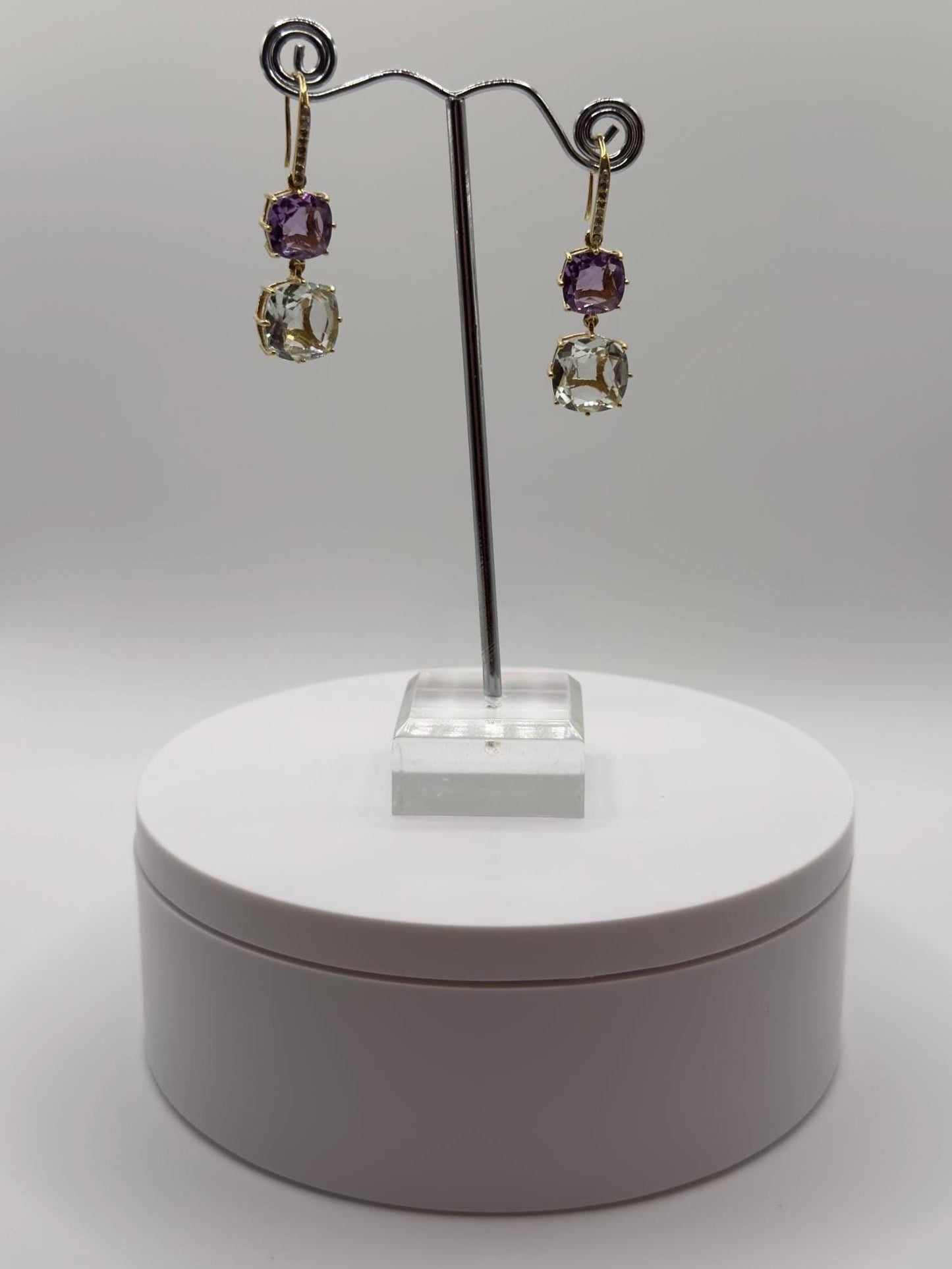 Amethyst & Green Amethyst/ Prasiolite Earrings – Double Gem Drop in Gold Plated Design - Weight 8.79 Grams