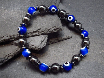 Evil Eye & Hematite Genuine Bracelet ~ 7 Inches ~ 8mm Round Beads