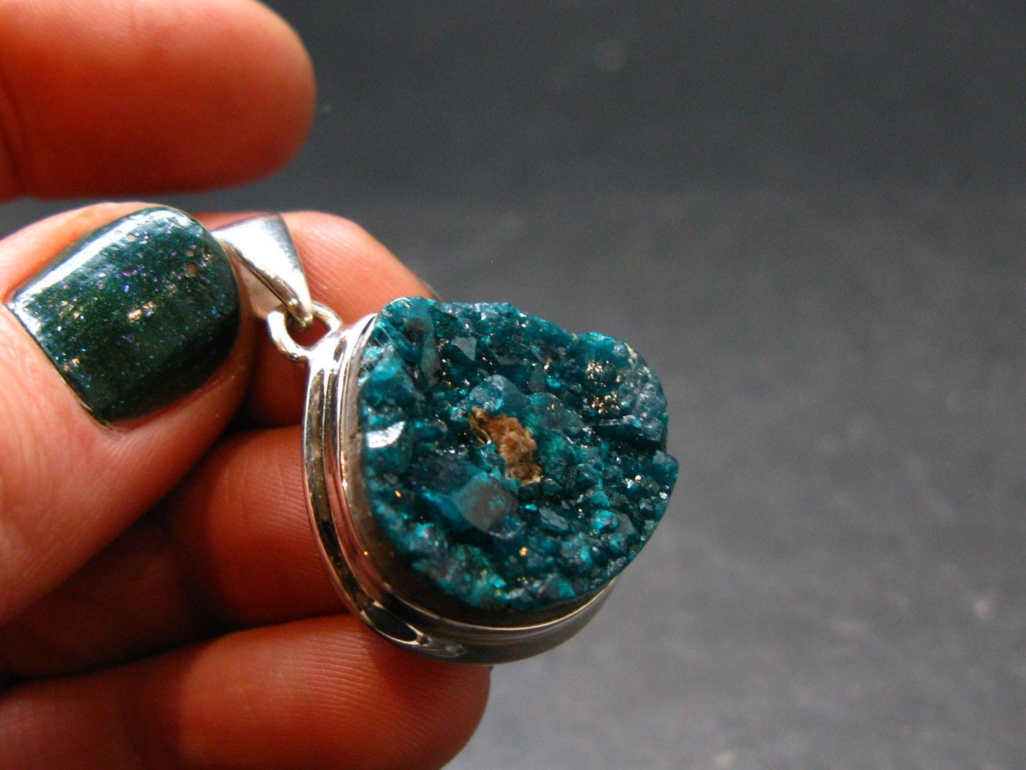 Dioptase Crystal Silver Pendant from Congo - 7.89 Grams - 1.2"