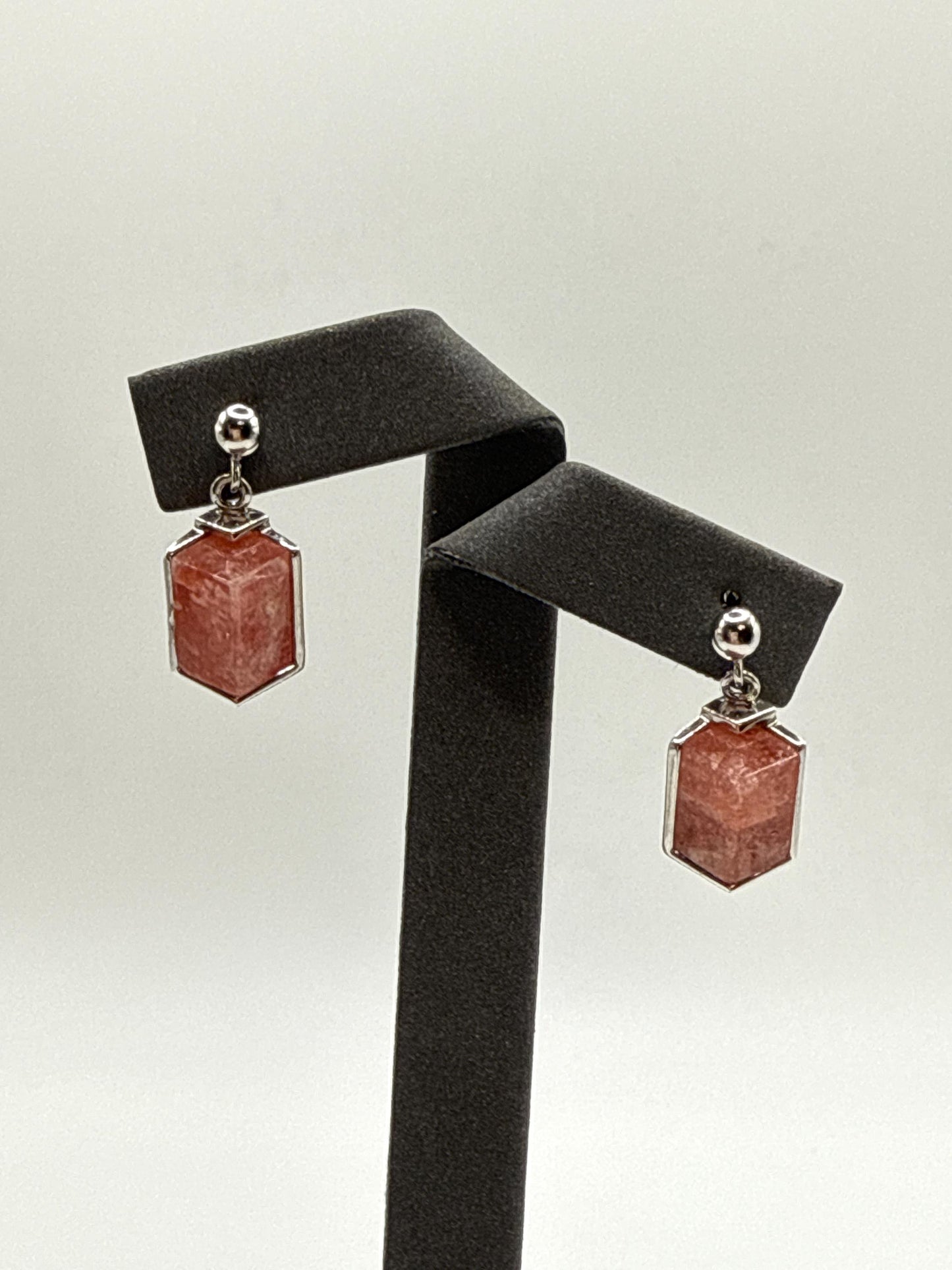 Natural Rhodochrosite Sterling Silver Drop Earrings | Pink Hexagon Crystal Earrings