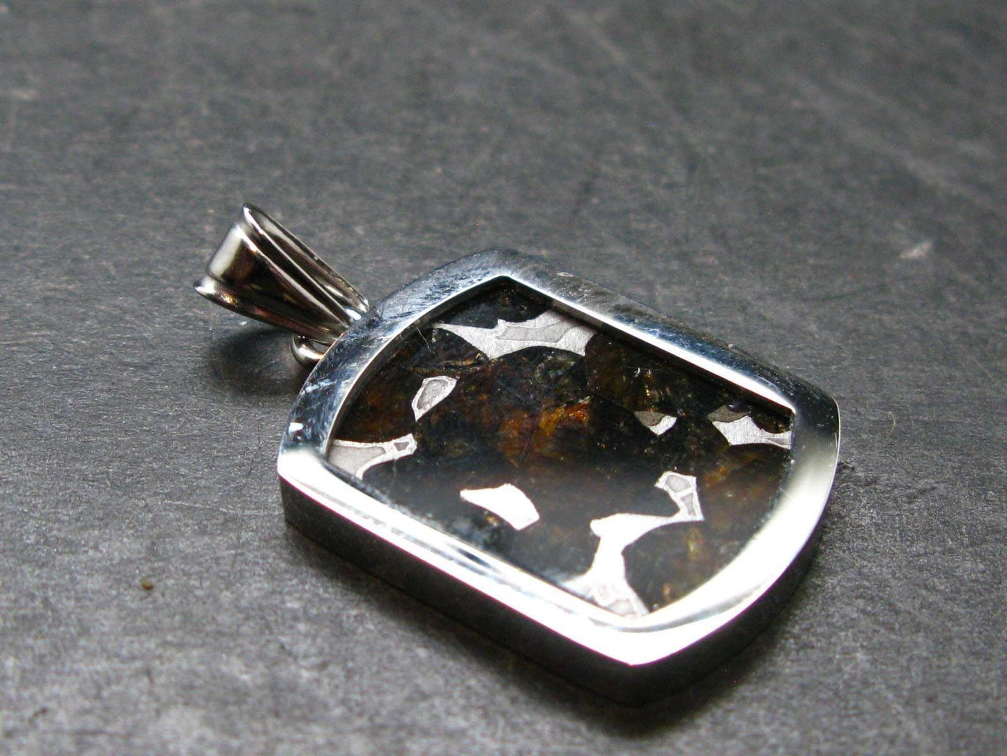 Rare Brahin Meteorite Slice With Olivine Pallasite Silver Pendant from Belarus - 1.3" - 4.48 Grams