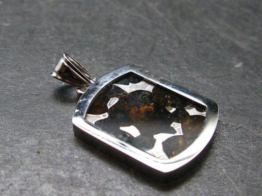 Rare Brahin Meteorite Slice With Olivine Pallasite Silver Pendant from Belarus - 1.3" - 4.48 Grams