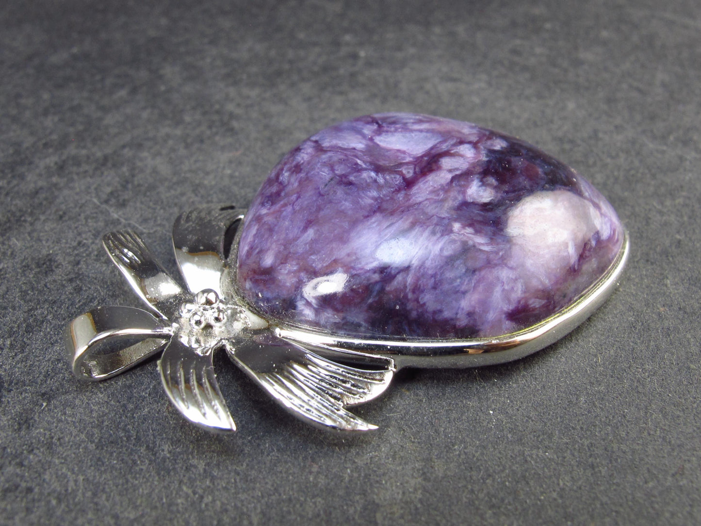 Rare High-Quality Charoite Pendant in SS From Russia - 1.8" - 18.8 Grams