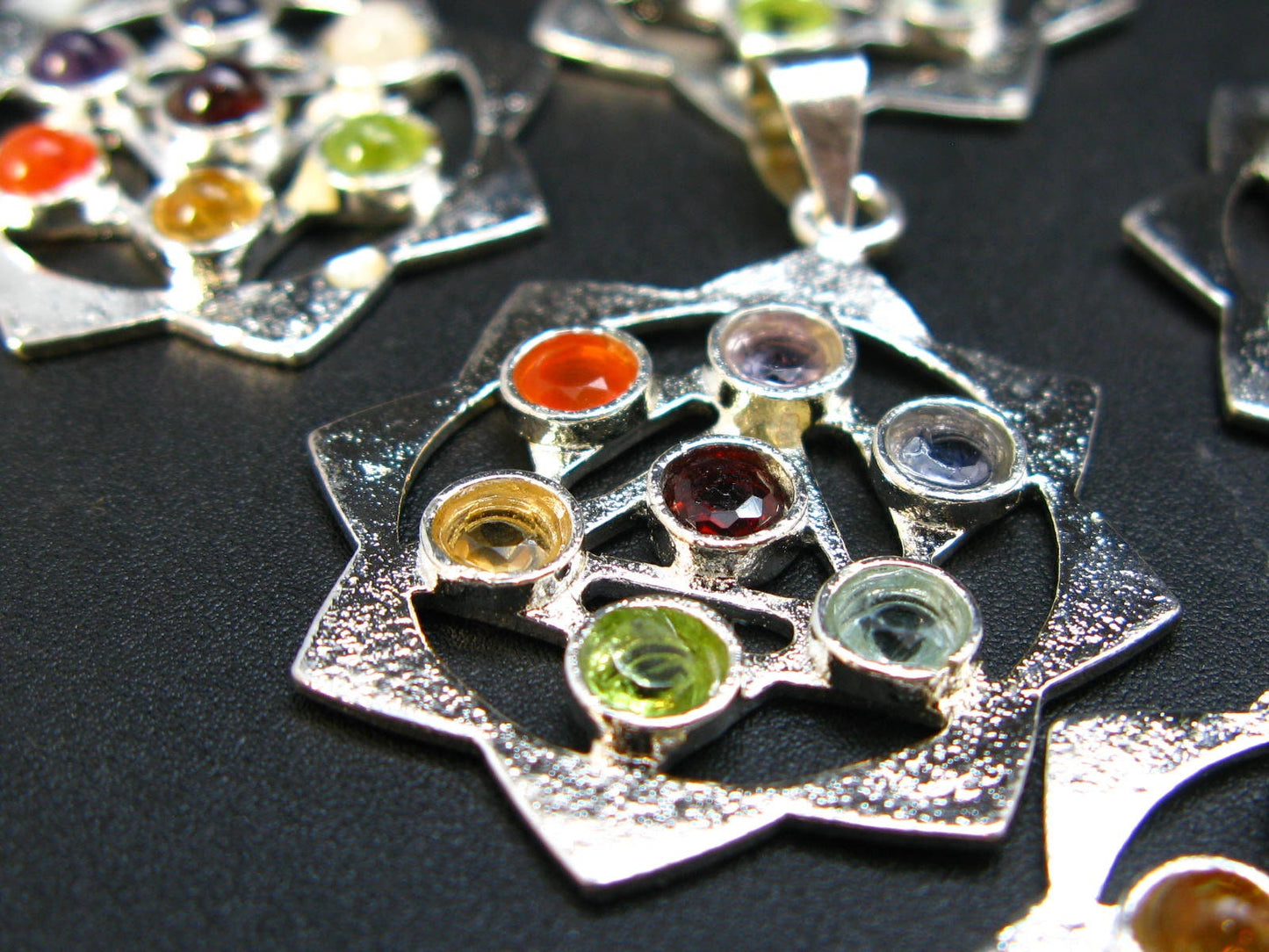 Set of Five 7 Chakra Balancing Natural Multicolor Gems Mandala Pendant