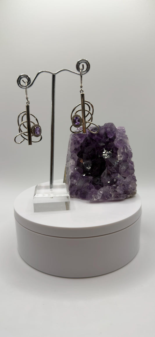 Amethyst Modern Earrings – Artistic Design – Sterling Silver with Gold Tone - Weight 9.42 Grams