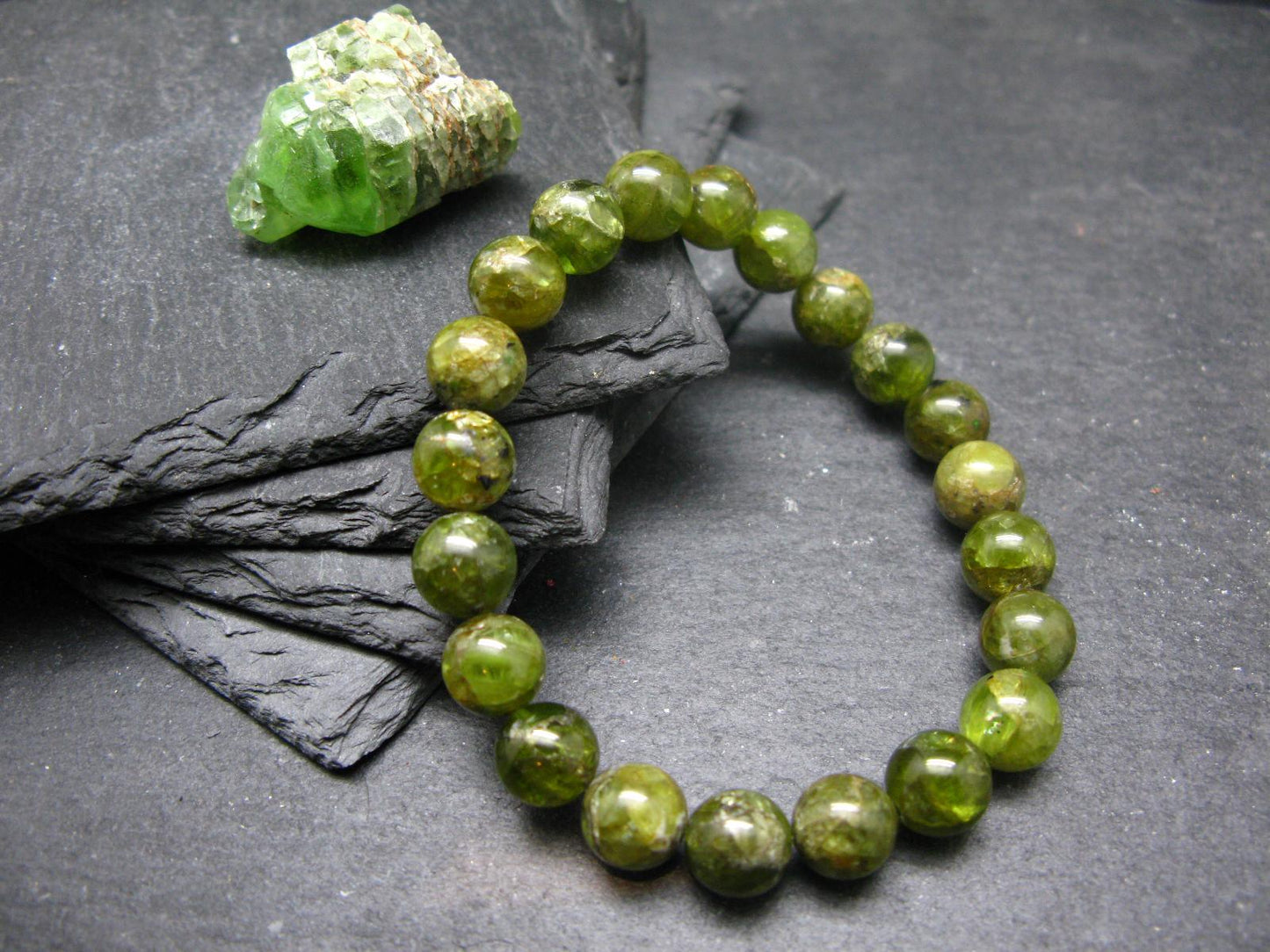 Peridot Genuine Bracelet ~ 7 Inches ~ 9mm Round Beads