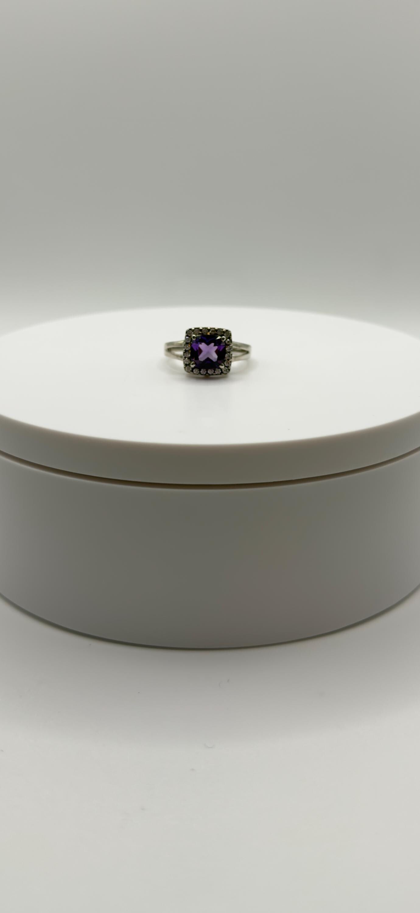 Cushion-Cut Amethyst Ring – Halo Design – Sparkling Silver Statement Jewelry - Size 9