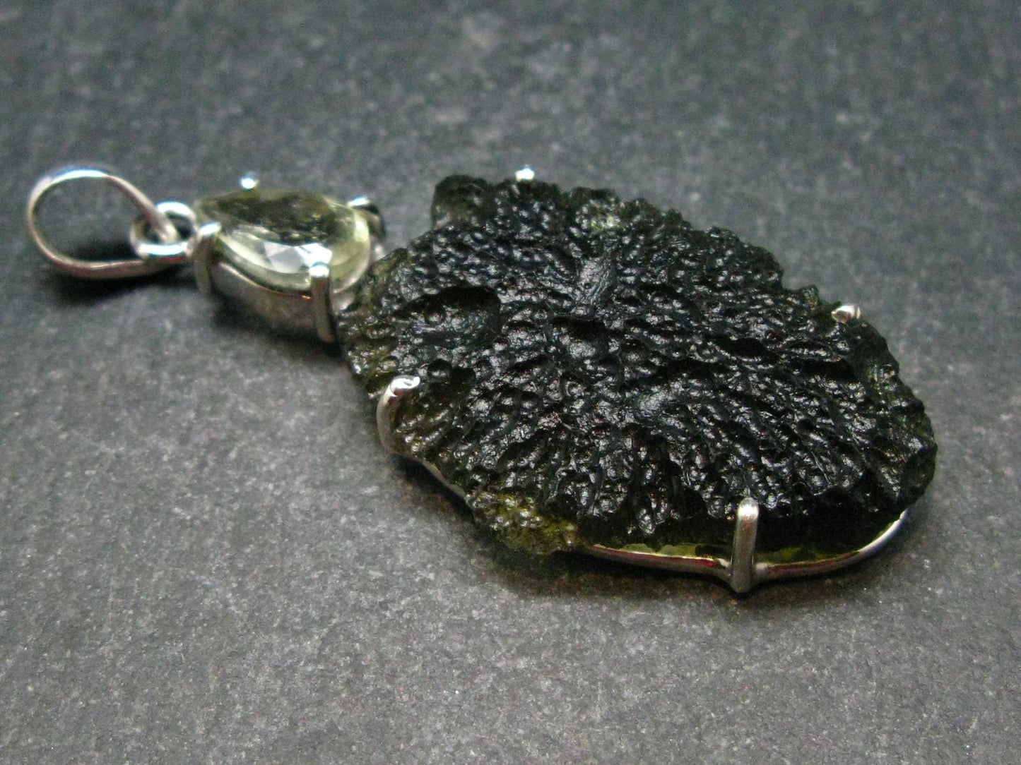 Raw Moldavite Tektite And Polished Libyan Tektite Silver Pendant - 2.2" - 9.10 Grams