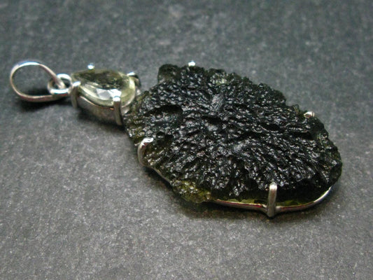 Raw Moldavite Tektite And Polished Libyan Tektite Silver Pendant - 2.2" - 9.10 Grams