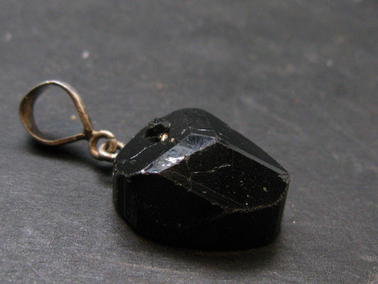 Black Tourmaline Schorl Silver Pendant From Brazil - 1.2"