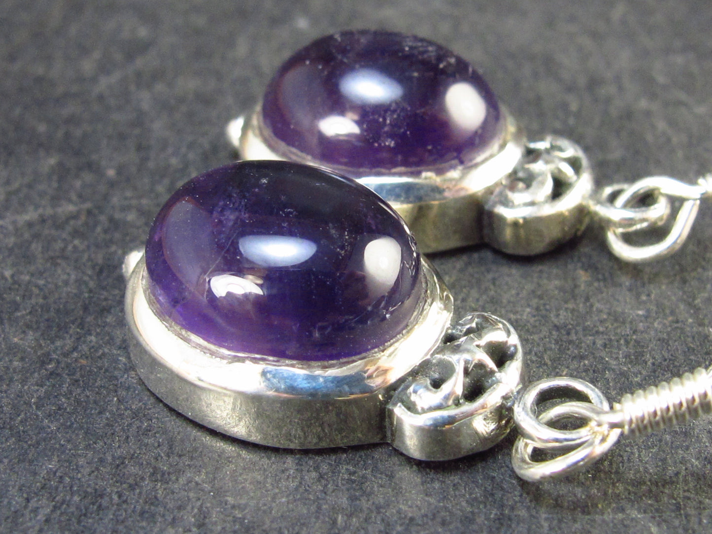 Minimalist Oval Shaped Cabochon Natural Amethyst 925 Sterling Silver Drop Earrings - 1.3" - 6.7 Grams