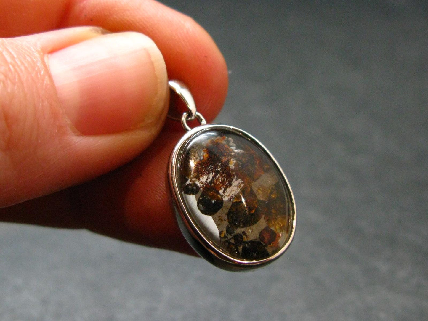 Rare Brahin Meteorite Slice With Olivine Pallasite Silver Pendant from Belarus - 1.0" - 3.0 Grams