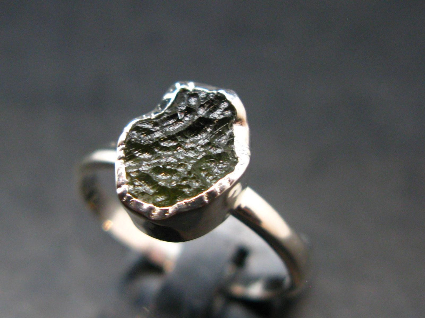Moldavite Tektite Silver Ring from Czech Republic - 7 Size - 1.77 Grams