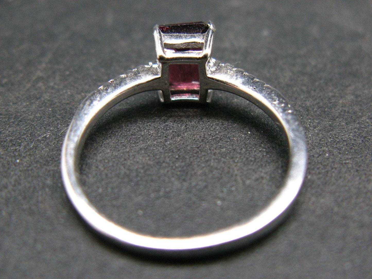 Natural Rectangular Faceted Red Garnet Rhodium Plated Sterling Silver Ring with CZ - Size 5.75