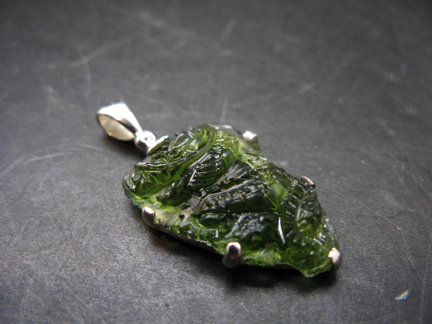 Moldavite Tektite Silver Dragon Pendant from Czech Republic - 1.6" - 6.28 Grams
