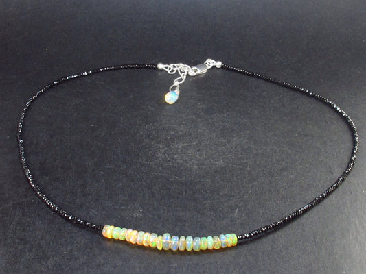 Handmade Lightweight Gem Sparkly Tumbled Opal and Faceted Black Spinel Small Beads Necklace - 19" - 6.2 Grams