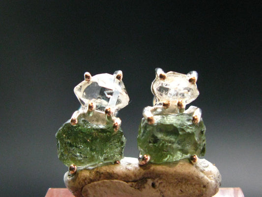 Moldavite & Herkimer Diamond Silver Stud Earrings - 0.7" - 2.55 Grams