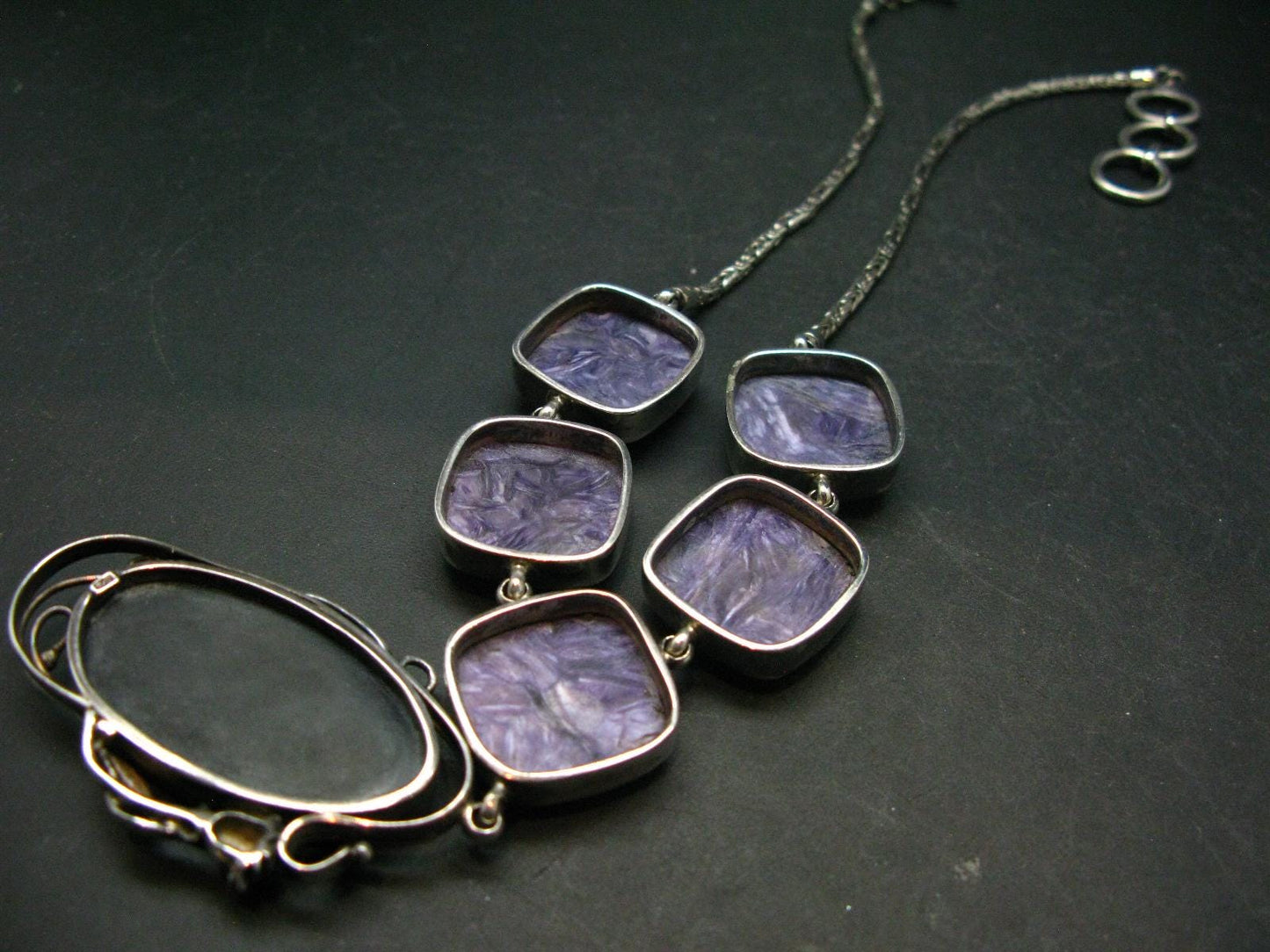 Stunning Six Stones Silky Charoite AAA Quality Sterling Silver Necklace From Russia - 17"