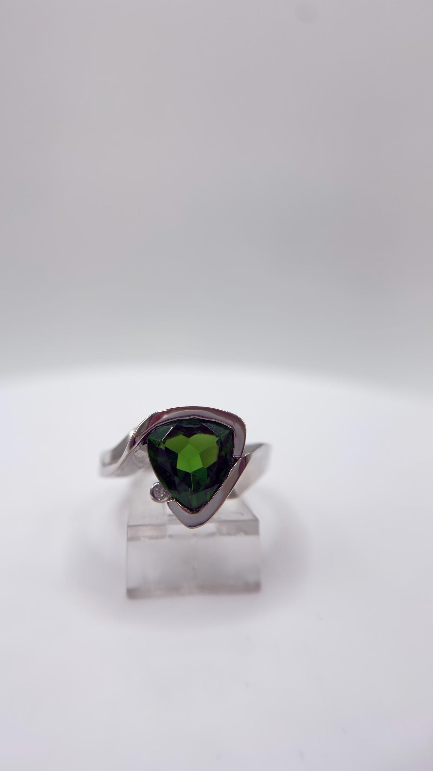 Green Helenite Trillion Ring – Sterling Silver Modern Gemstone Statement Ring