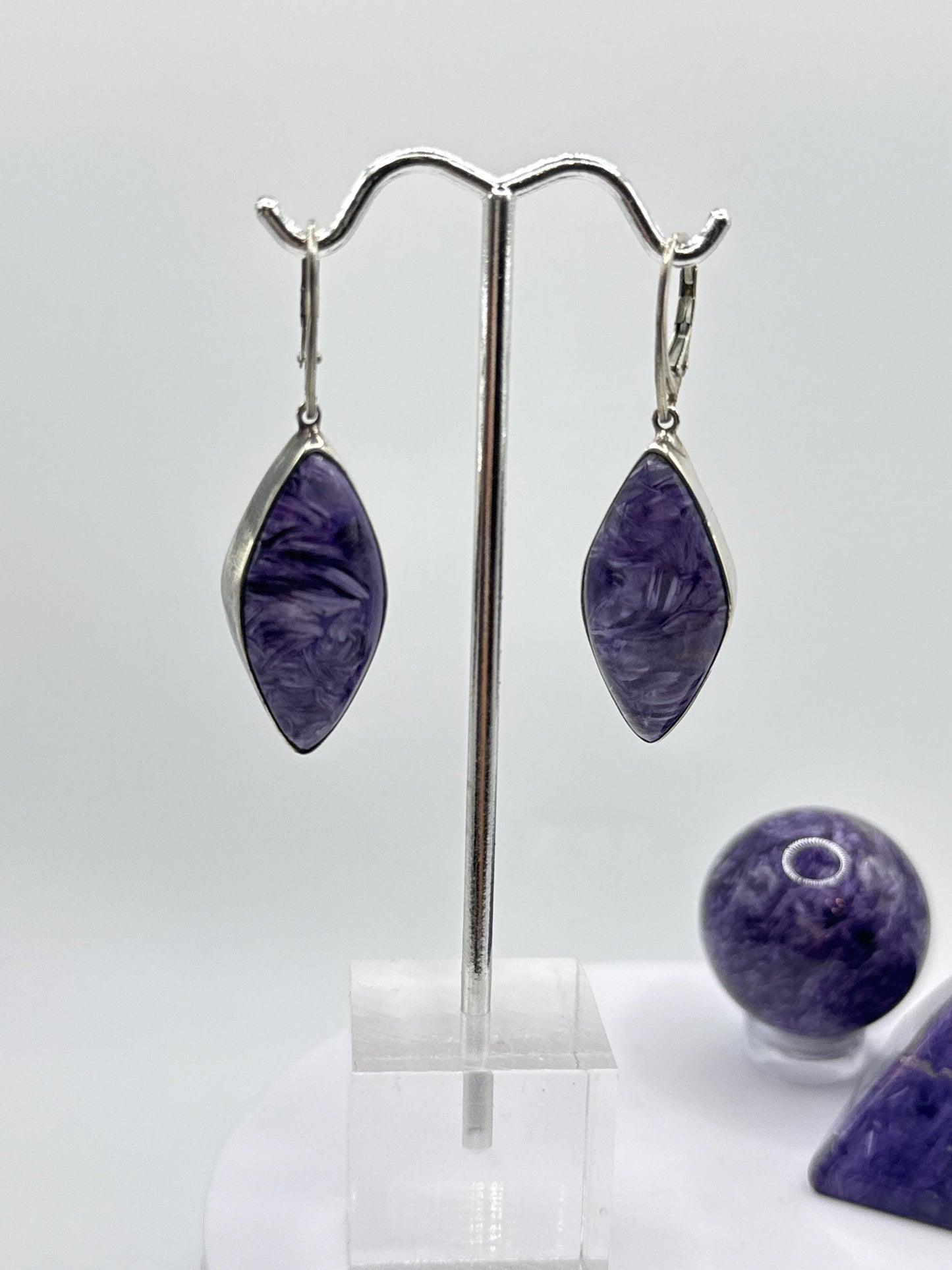 Charoite & Sterling Silver Marquise Earrings - 13.37 Grams