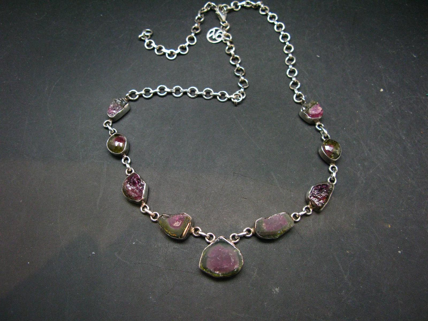 Watermelon Tourmaline Crystal Silver Necklace from Brazil - 18.5" - 25.5 Grams