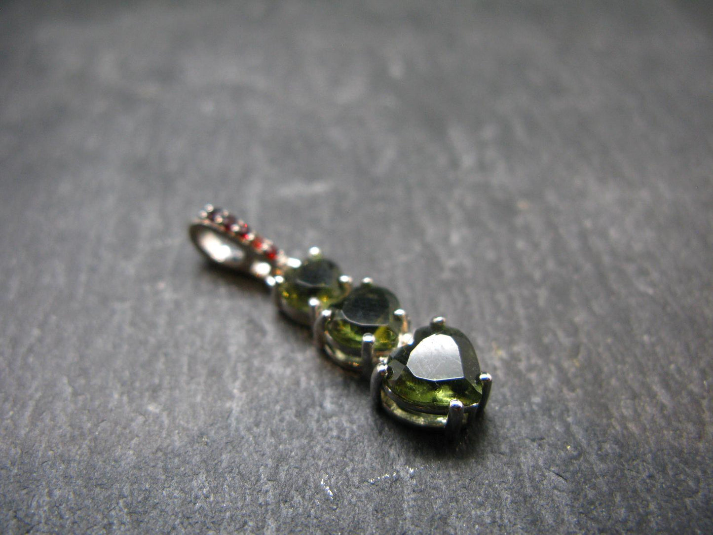 Moldavite Tektite & Red Garnet Silver Pendant from Czech Republic - 1.1"
