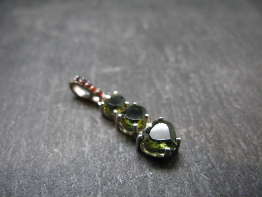 Moldavite Tektite & Red Garnet Silver Pendant from Czech Republic - 1.1"
