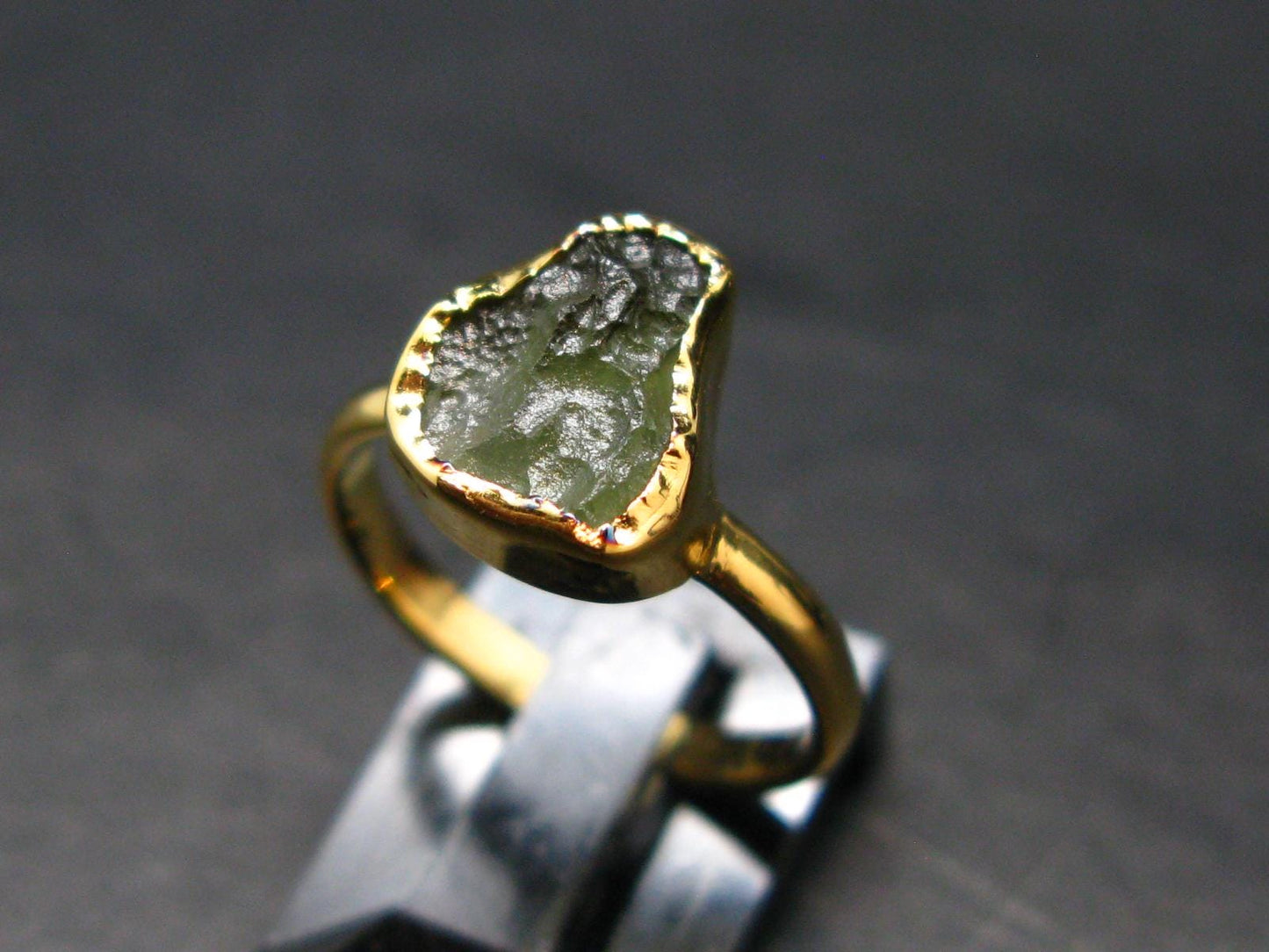 Moldavite Gold Plated Silver Ring - Size 5 - 1.17 Grams