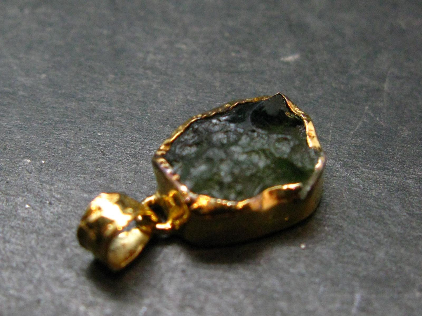 Moldavite Tektite Gold Plated Silver Pendant from Czech Republic - 0.8" - 1.60 Grams