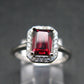Natural Rectangular Faceted Red Garnet Rhodium Plated Sterling Silver Ring with CZ - Size 6.75