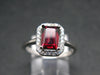 Natural Rectangular Faceted Red Garnet Rhodium Plated Sterling Silver Ring with CZ - Size 6.75