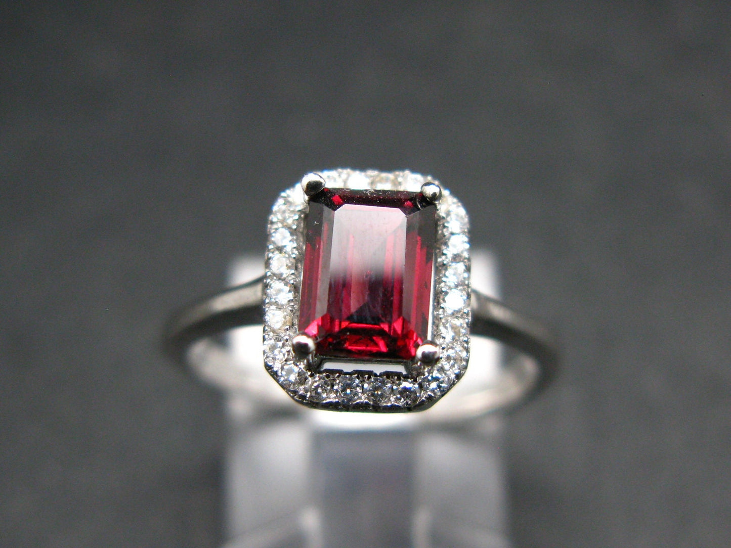 Natural Rectangular Faceted Red Garnet Rhodium Plated Sterling Silver Ring with CZ - Size 6.75